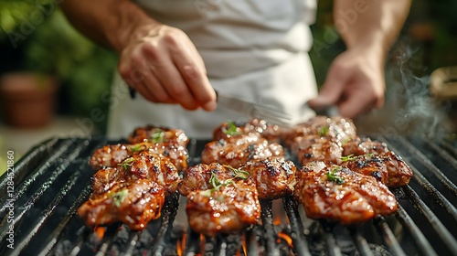 A person grilling several pieces of delicious meat over a fire