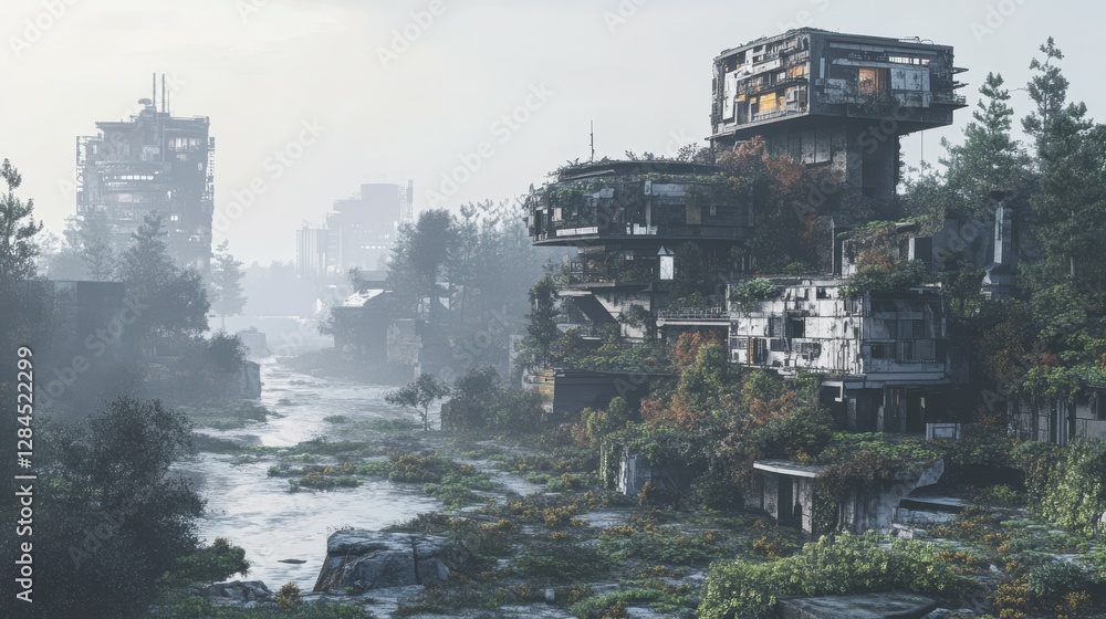 Abandoned urban landscape with overgrown buildings and misty river Abandoned urban landscape with overgrown buildings and misty river