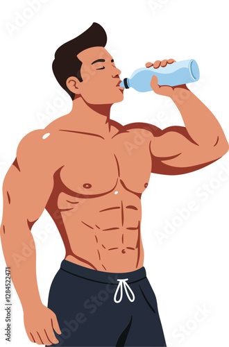 Athletic man drinking water in minimal style vector art
