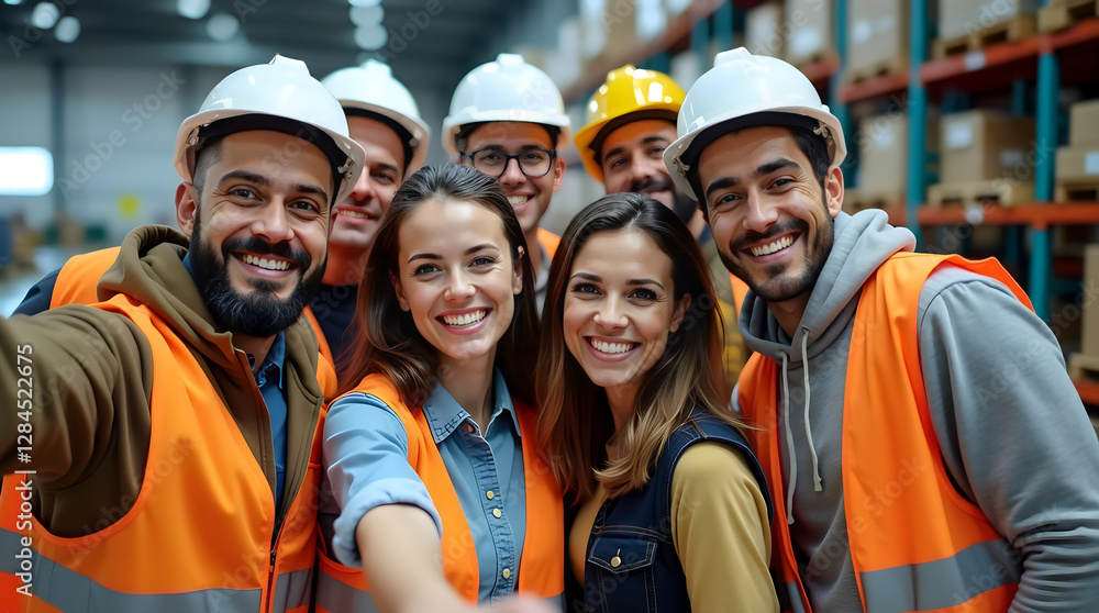 Obraz premium Happy Intercultural Warehouse Workers in Safety Gear Taking a Selfie Together