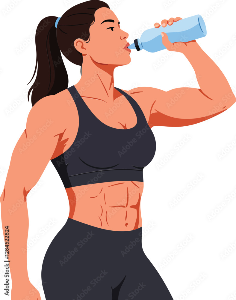 Fit woman drinking water in sportswear style flat vector illustration Fit woman drinking water in sportswear style flat vector illustration