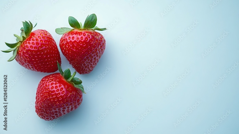 Three ripe red strawberries arranged on a light blue background, with copy space. Three ripe red strawberries arranged on a light blue background, with copy space.