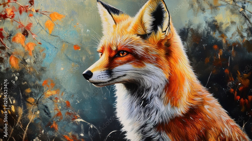 Fototapeta premium Vibrant portrait of a red fox in an autumnal forest setting with colorful foliage