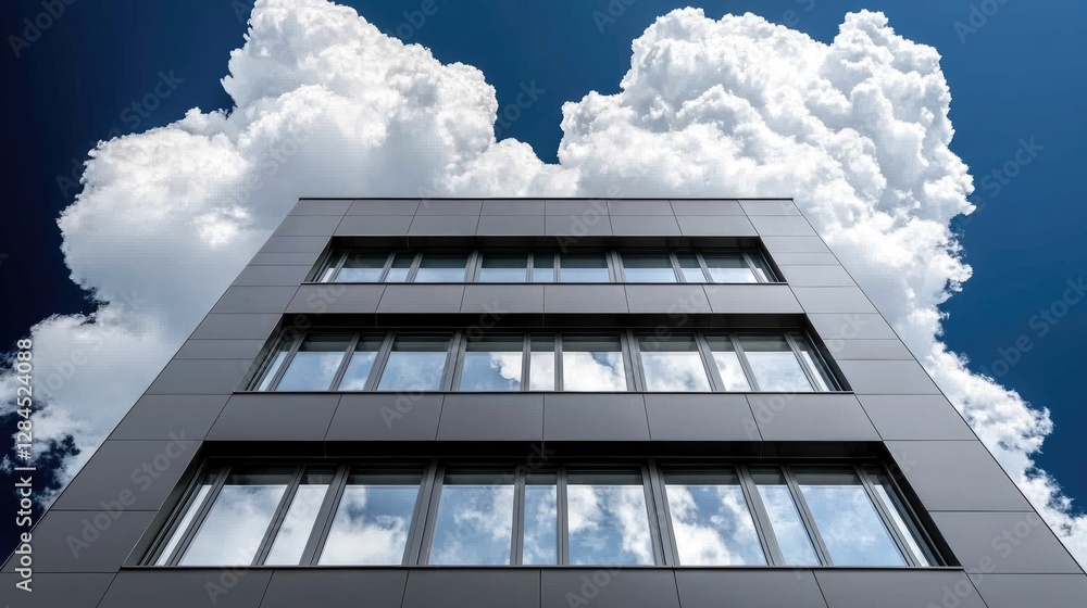 Obraz premium Modern office building against a dramatic sky. Low angle view. Possible use showcasing modern architecture