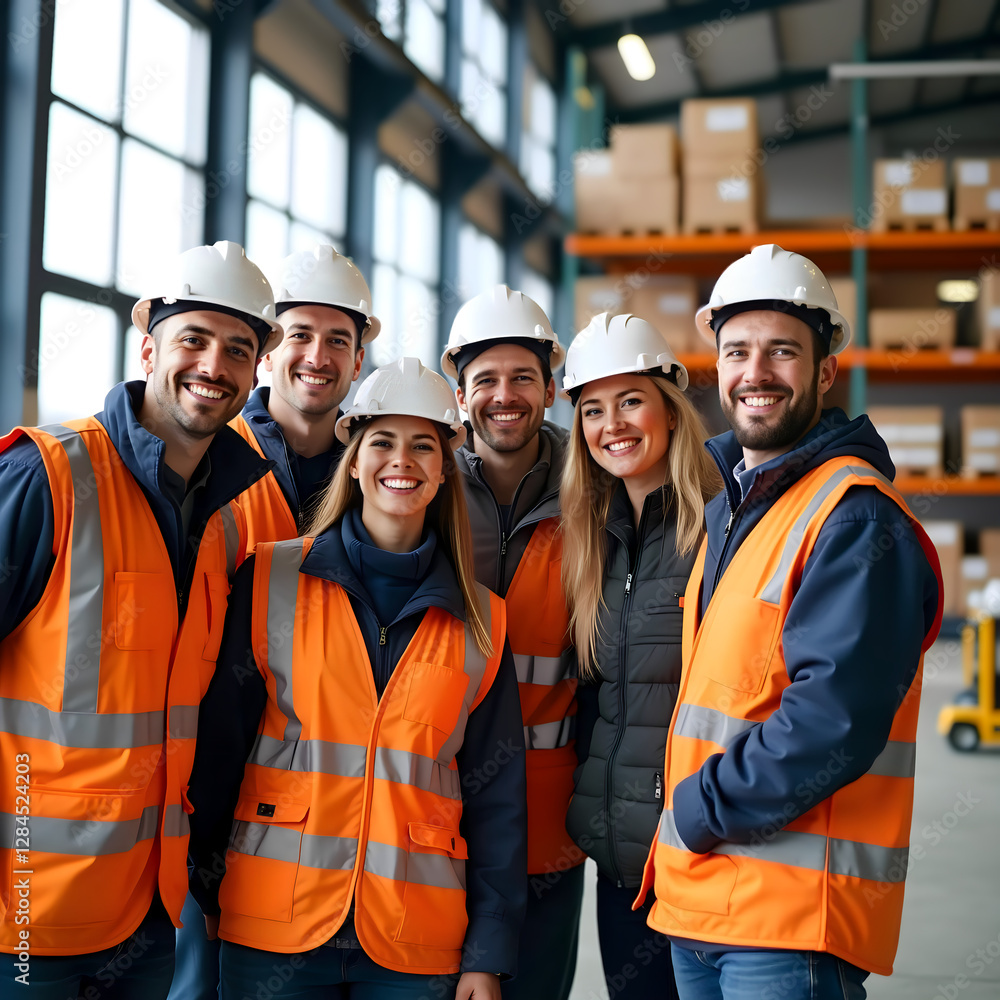 Obraz premium Happy Intercultural Warehouse Workers in Safety Gear Taking a Selfie Together