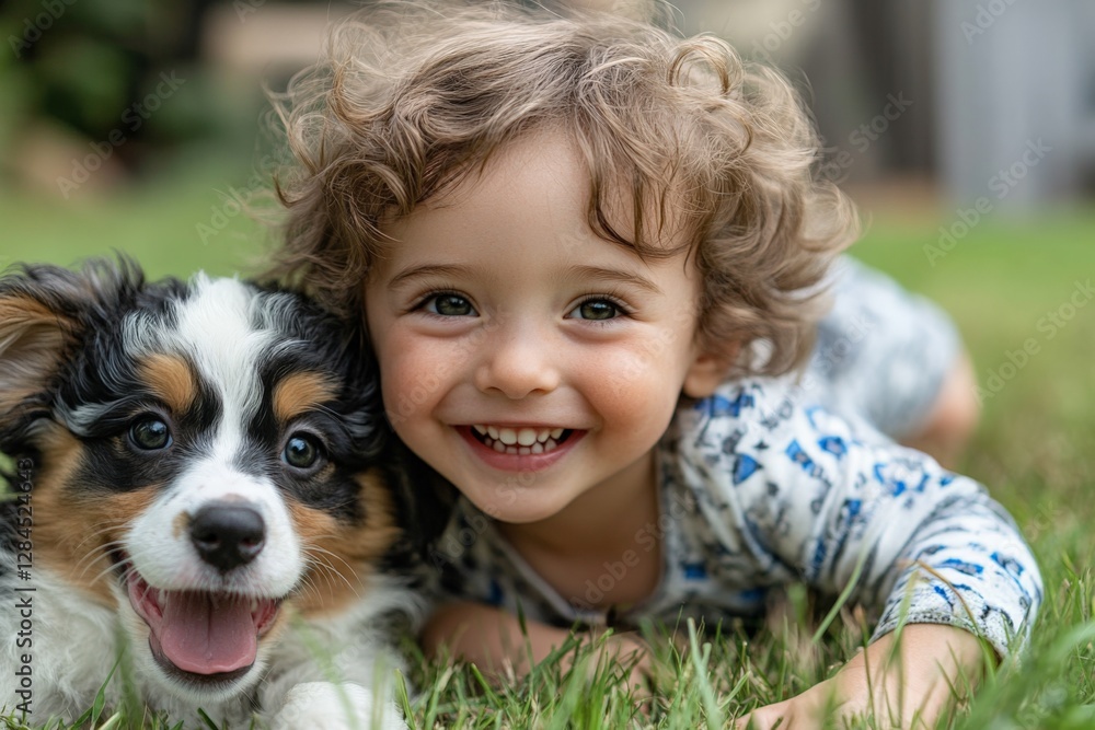 Happy child enjoys playful moment with puppy on green grass in sunny backyard during afternoon