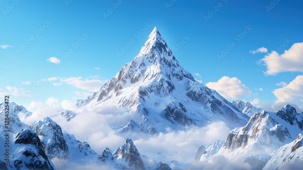 Fototapeta premium Majestic Snow-Capped Mountain Peak Rising Above Billowing Clouds Under Clear Blue Sky