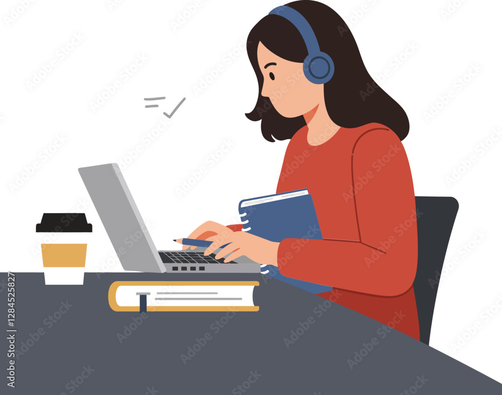 Young woman studying with laptop and books in minimal flat vector illustration Young woman studying with laptop and books in minimal flat vector illustration