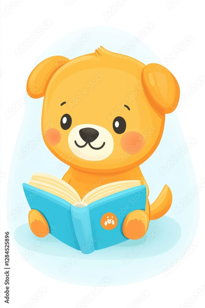Adorable Golden Retriever Puppy Reading a Book - Cute Cartoon Illustration Adorable Golden Retriever Puppy Reading a Book - Cute Cartoon Illustration