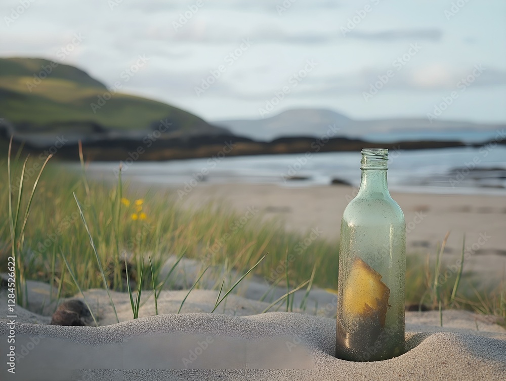 Obraz premium bottle on beach, coastal scene, sand, grass, ocean, tranquil scene