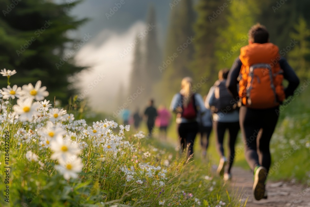 Friends bonding over morning jog along a forest trail filled with wildflowers under soft mist Friends bonding over morning jog along a forest trail filled with wildflowers under soft mist