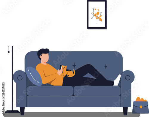 Young man relaxing on couch with cat in flat vector art