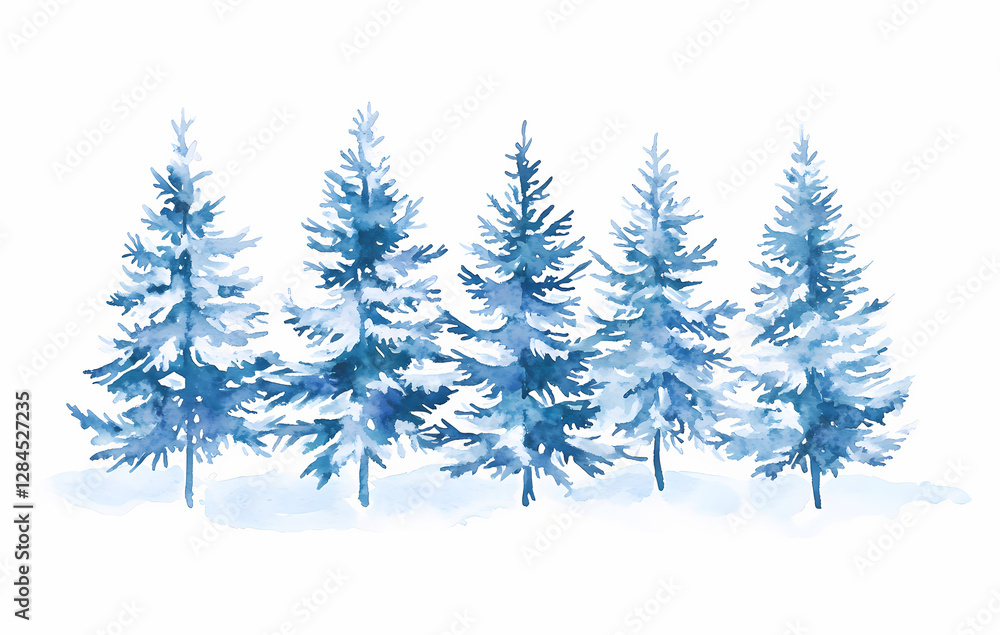 Obraz premium Watercolor winter forest with pine trees, vector illustration on a white background