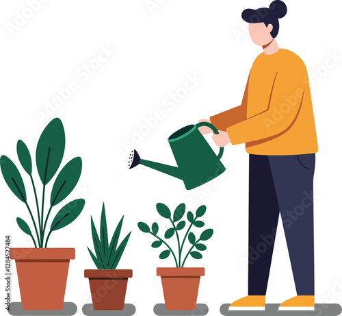 Person watering plants in a minimal flat design vector illustration