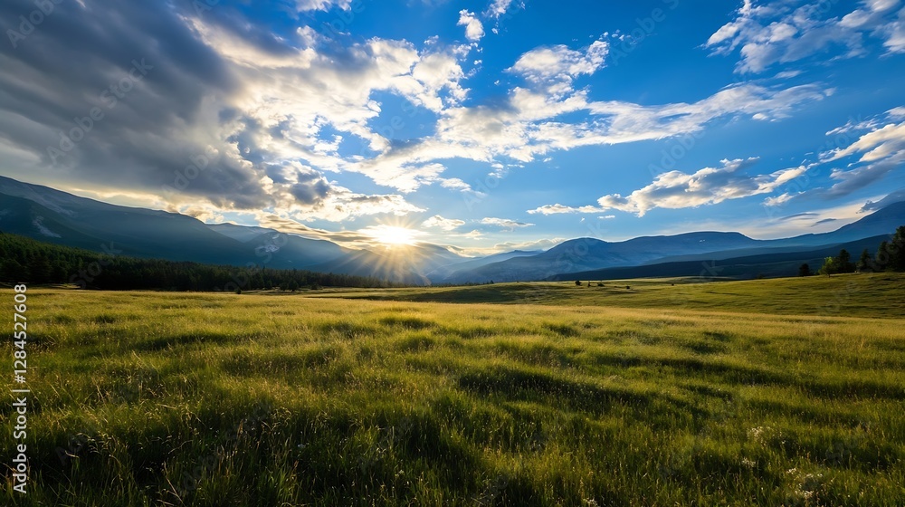 Stunning sunset over rolling green hills under dramatic clouds and bright blue sky in summer outdoors : Generative AI Stunning sunset over rolling green hills under dramatic clouds and bright blue sky in summer outdoors : Generative AI