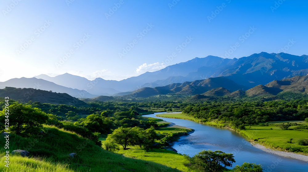Serene Lush Valley Landscape with Winding River and Mountains Serene Lush Valley Landscape with Winding River and Mountains
