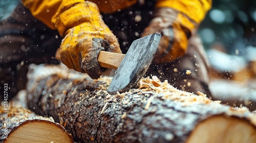 Worker chopping wood in snowy forest photo