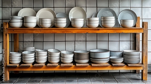 Wooden shelves with stacks of white and gray dishes in a kitchen photo