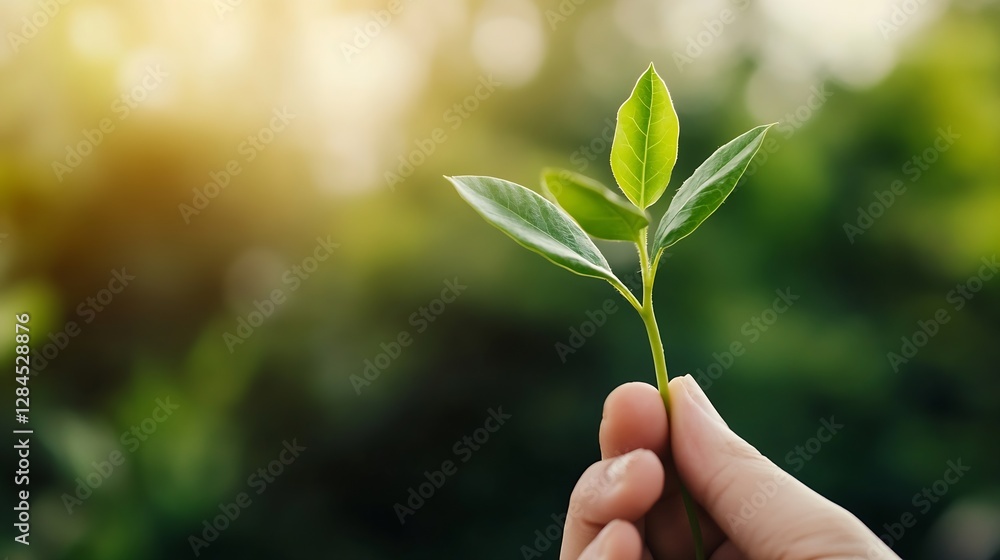 Fresh green leaves being held in a hand during a warm sunny day in nature : Generative AI Fresh green leaves being held in a hand during a warm sunny day in nature : Generative AI