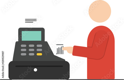 Person using cash register in flat minimal style vector art