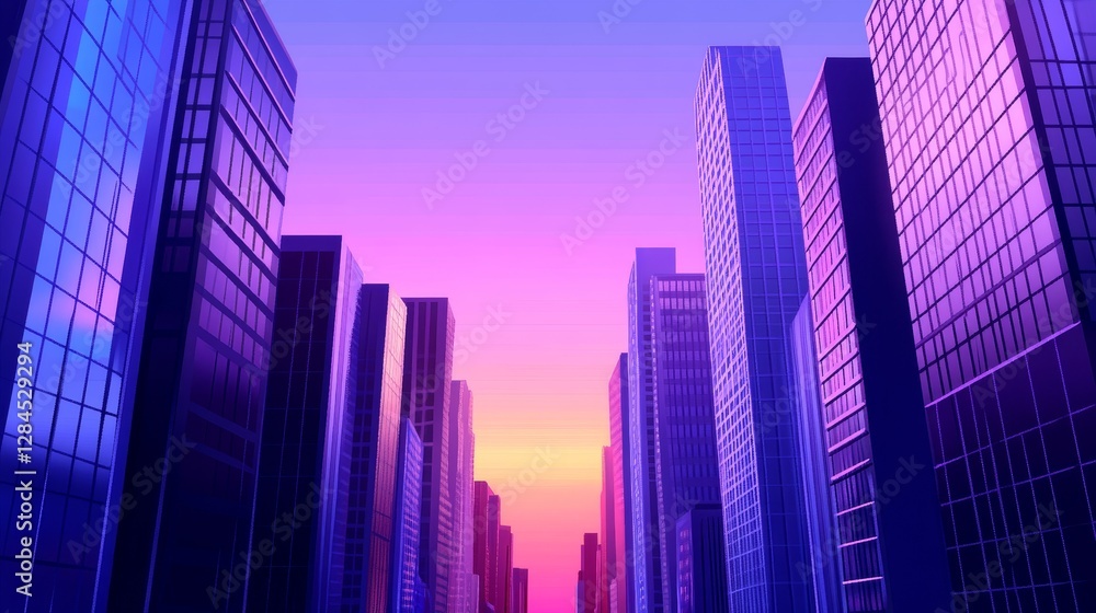Vibrant city skyline at dusk with colorful sky and towering skyscrapers reflecting light Vibrant city skyline at dusk with colorful sky and towering skyscrapers reflecting light