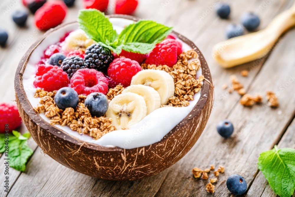 Smoothie bowl delight with fresh spring berries and banana slices served in a coconut shell on rustic wood Smoothie bowl delight with fresh spring berries and banana slices served in a coconut shell on rustic wood