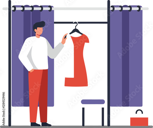 Man Trying On Dress in Fitting Room with Minimal Flat Design Vector Art