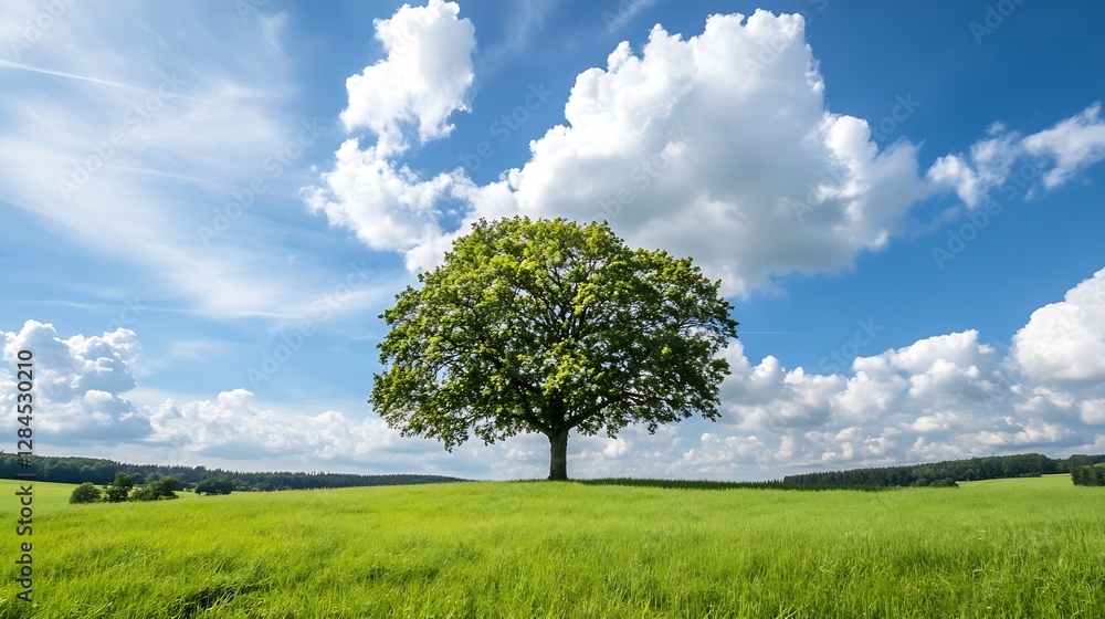 Fototapeta premium Vibrant Green Tree Standing Tall Under a Bright Blue Sky with Fluffy White Clouds : Generative AI