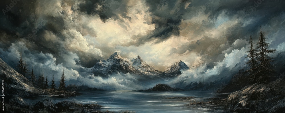 Majestic mountain peaks under dramatic clouds with misty lake and pine trees Majestic mountain peaks under dramatic clouds with misty lake and pine trees