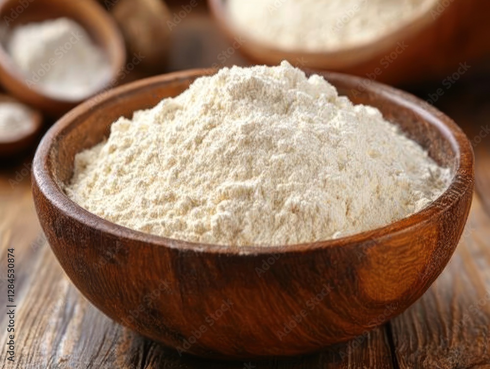 Wooden bowl filled with a mound of white flour, with additional flour in blurred background. Wooden bowl filled with a mound of white flour, with additional flour in blurred background.