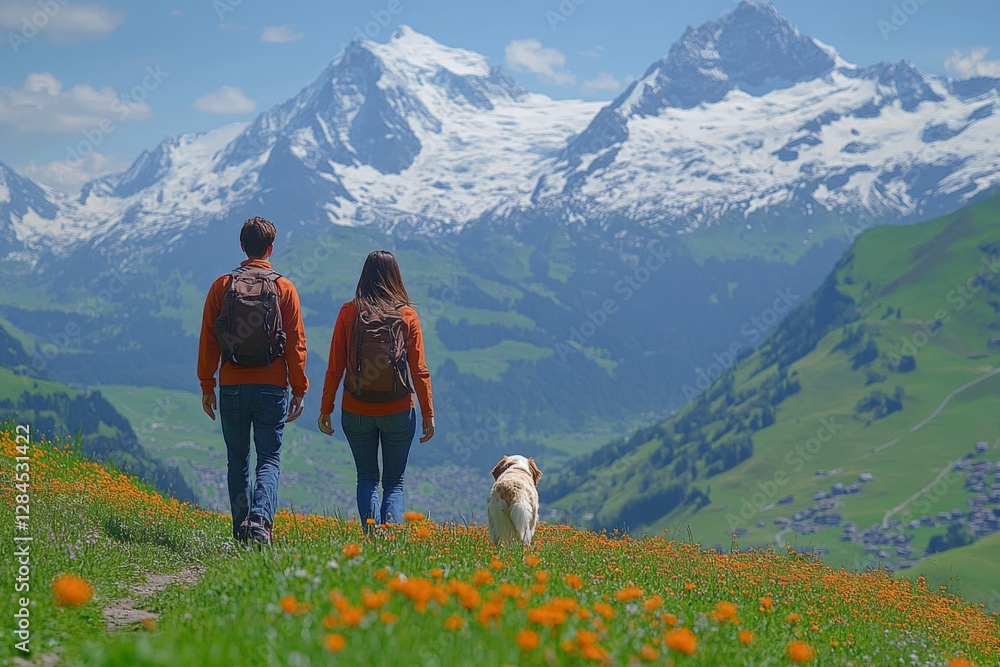 Obraz premium Couple enjoys a scenic mountain hike with their dog on a sunny day in the Swiss Alps