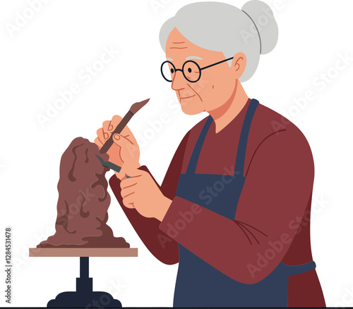 Elderly woman sculpting clay in a minimal style vector illustration