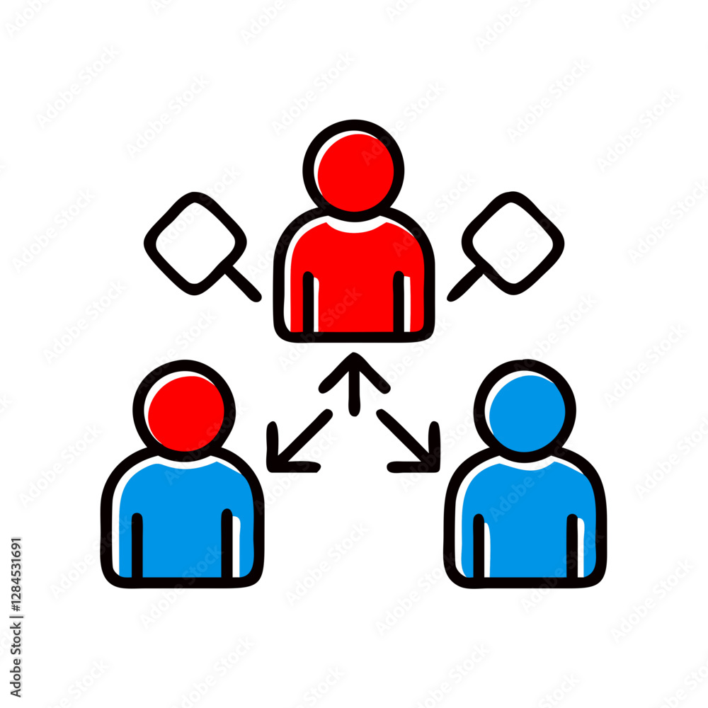 Team collaboration with red and blue figures, communication dynamics Team collaboration with red and blue figures, communication dynamics