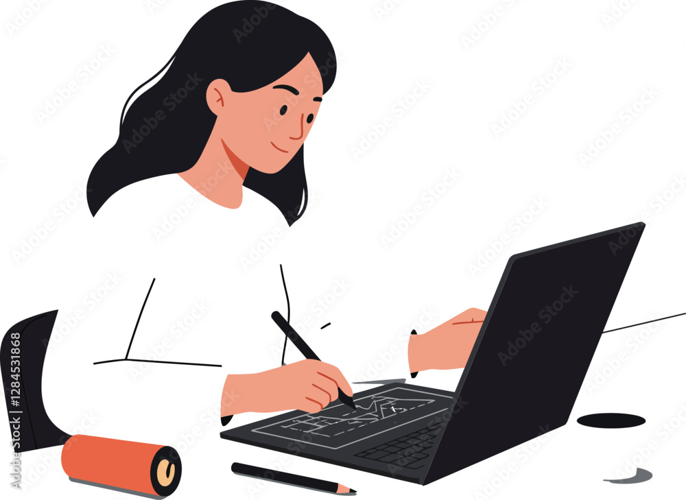 Woman working on laptop with pencil in minimal flat design vector illustration Woman working on laptop with pencil in minimal flat design vector illustration