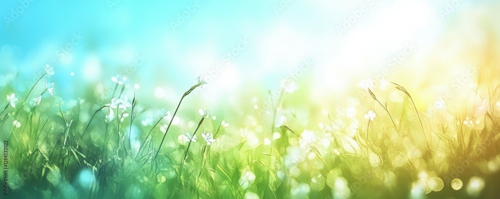 Serene meadow with delicate white flowers and sunlight glowing through the grass Serene meadow with delicate white flowers and sunlight glowing through the grass