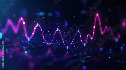 Colorful Abstract Data Visualization with Waves and Dots Representing Information Trends