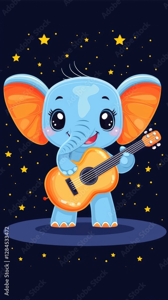 Fototapeta premium Adorable Elephant Playing Guitar Under a Starry Night Sky