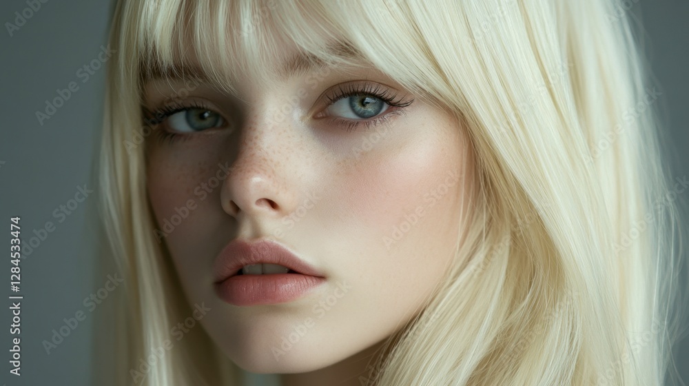 Close-up of young blonde woman with shiny, straight hair, glowing skin, and natural makeup on gray background Close-up of young blonde woman with shiny, straight hair, glowing skin, and natural makeup on gray background