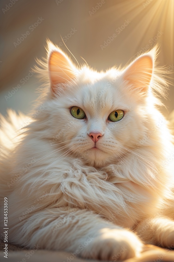 A fluffy white cat with striking green eyes lounges comfortably on a soft surface. The warm sunlight enhances its fur and creates a peaceful atmosphere in the room A fluffy white cat with striking green eyes lounges comfortably on a soft surface. The warm sunlight enhances its fur and creates a peaceful atmosphere in the room