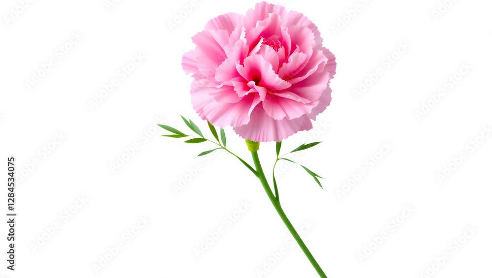 A delicate pink carnation flower with lush petals and green leaves extending from a slender stem. A delicate pink carnation flower with lush petals and green leaves extending from a slender stem.