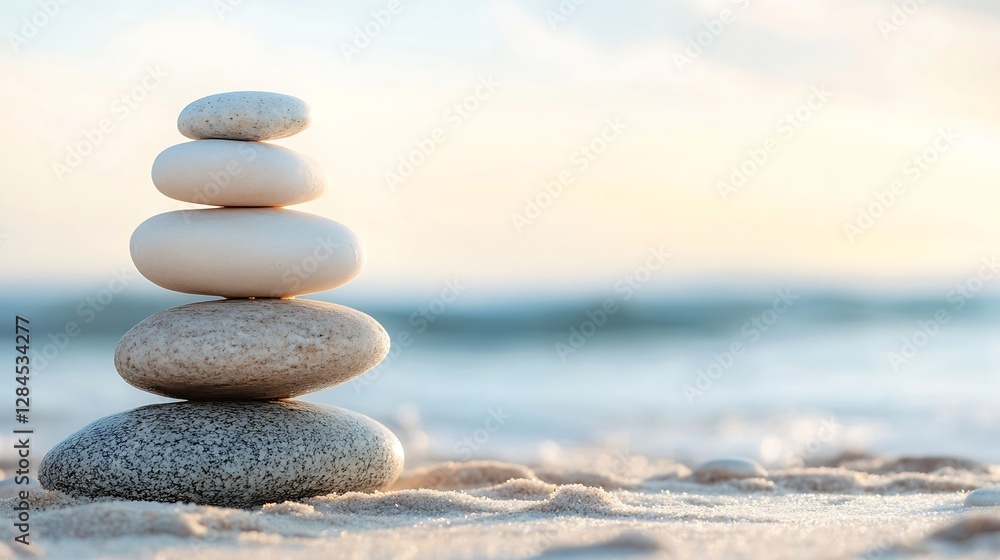 Beautifully Stacked Pebbles on Sandy Beach with Calm Waves in Background : Generative AI Beautifully Stacked Pebbles on Sandy Beach with Calm Waves in Background : Generative AI