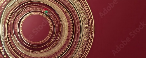 Intricate gold circular patterns on deep red background photo