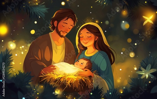 serene nativity scene of Mary and Joseph admiring baby Jesus, bathed in warm golden light. A symbolic representation of Christmas and faith