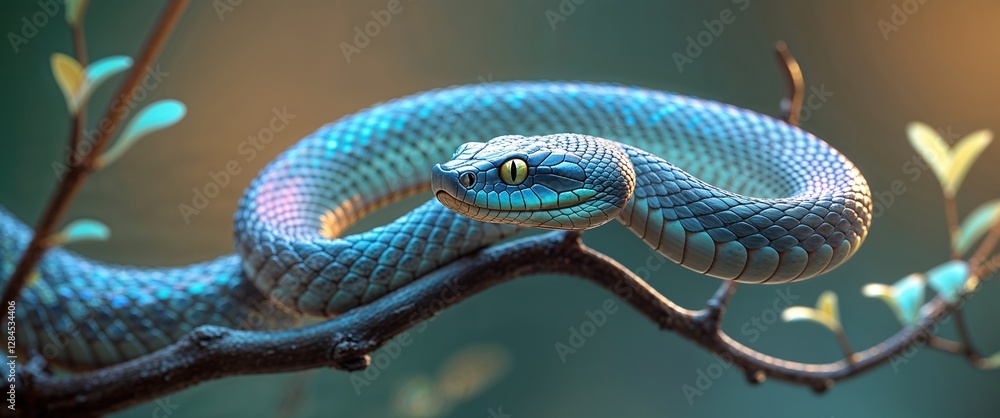 Fototapeta premium A vibrant snake with shimmering blue and green scales relaxes on a branch, surrounded by soft foliage. The warm golden light casts a serene ambiance on this tranquil moment