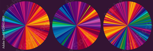 Futuristic radial spectrum explosion with vivid dynamic motion. Set of vibrant circular patterns with unique polar coordinates burst effect and blend of smooth or sharp contrasts. Vector illustration