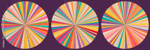 Set of vibrant circular patterns with unique polar coordinates burst effect filled with warm pastel tones. Harmonious blend of soft bold colors arranged in vivid dynamic motion. Vector illustration