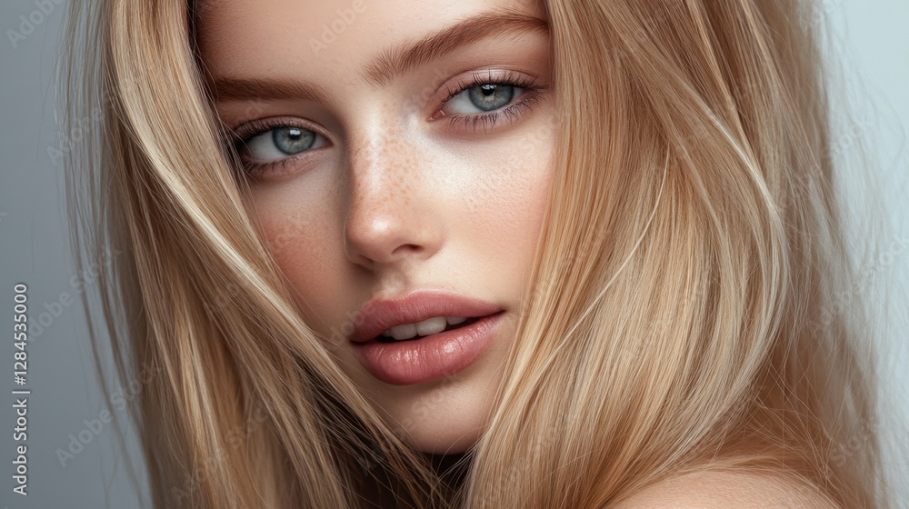 Close-up portrait of blonde with straight, healthy hair and light makeup, elegant look on gray background Close-up portrait of blonde with straight, healthy hair and light makeup, elegant look on gray background