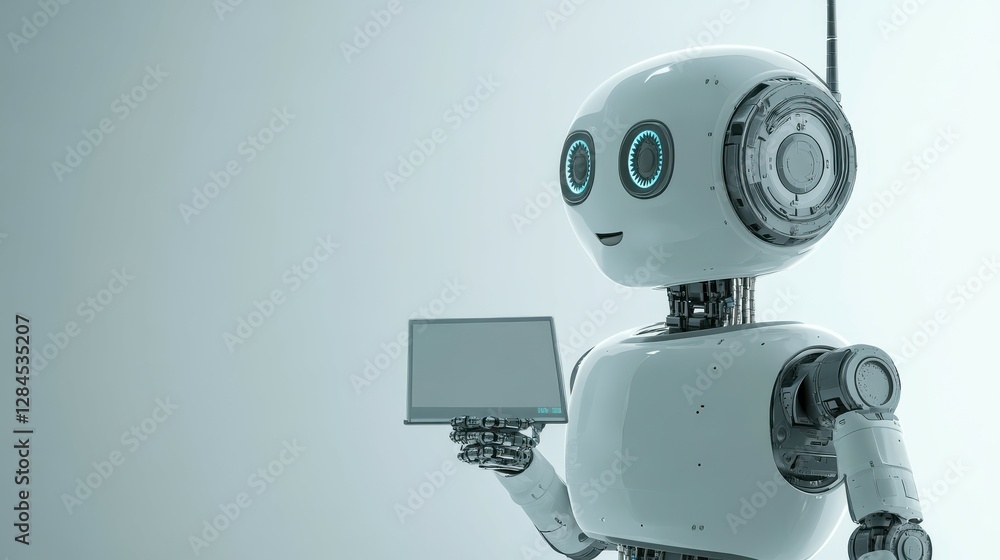 Futuristic robot holding tablet displaying advanced technology and innovation Futuristic robot holding tablet displaying advanced technology and innovation