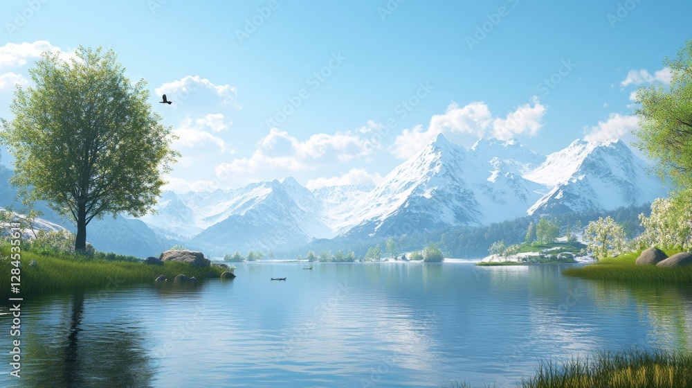 Fototapeta premium Serene lakeside view with majestic snow capped mountains beneath a clear blue sky