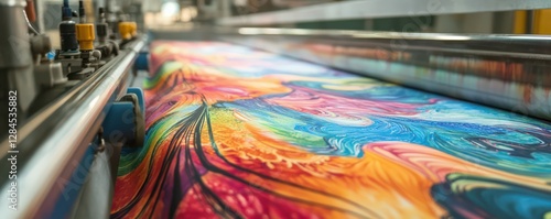 Wallpaper Mural Vibrant textile printing machine creating colorful fabric swirls in factory setting Torontodigital.ca